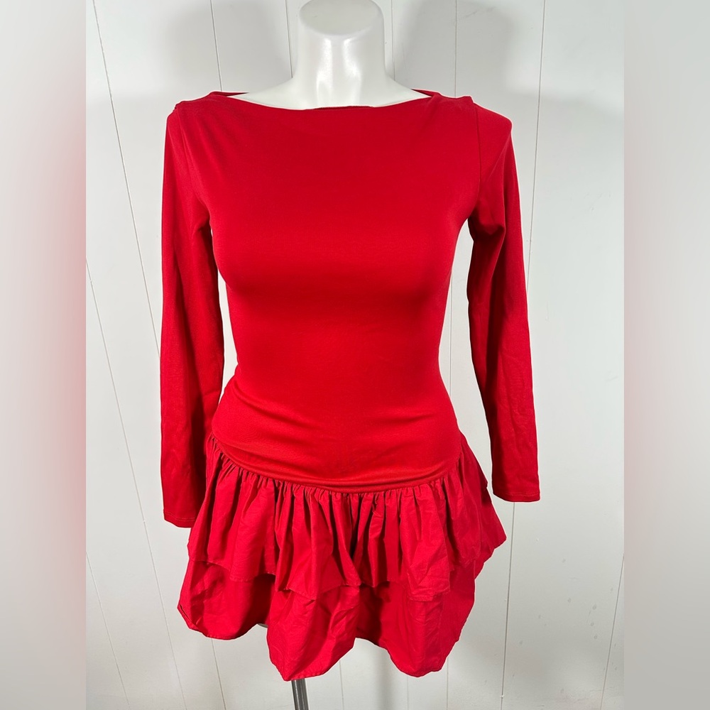 NWT ZARA Size Large Red Short Ruffled Layered Mini Dress Long Sleeve Cotton